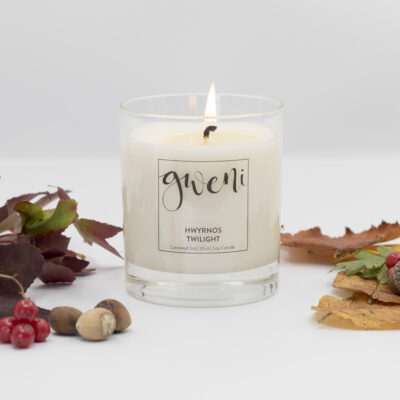 A lit Twilight candle, with autumnal props.
